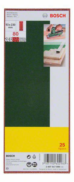 Brúsny papier 'Bosch', zrnitosť 80, 93 x 230 mm, balenie po 25 kusov, vhodný pre drevené povrchy. Obrázok použitia brúsneho papiera v pravom hornom rohu.