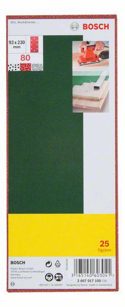Obal na brúsny papier od Bosch, 93x230 mm, zrnitosť 80, vhodný na prácu s drevom. Obsahuje 25 listov.