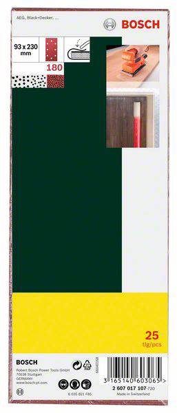 Balenie brúsnych listov Bosch, 93 x 230 mm, zrnitosť 180, vhodné pre rôzne brúsky. Obsahuje 25 kusov.