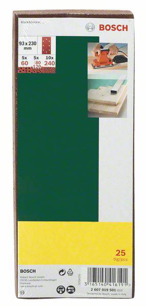 Balenie brúsneho papiera Bosch, 93 x 230 mm, obsahuje 25 kusov. Vhodné na drevo a farbu. Obrázok brúsneho nástroja a papiera.