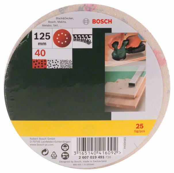 Brúsne kotúče 'Bosch', 125 mm, zrnitosť 40, 25 kusov. Vhodné pre brúsky značiek Bosch, Black&Decker, Makita, Metabo.