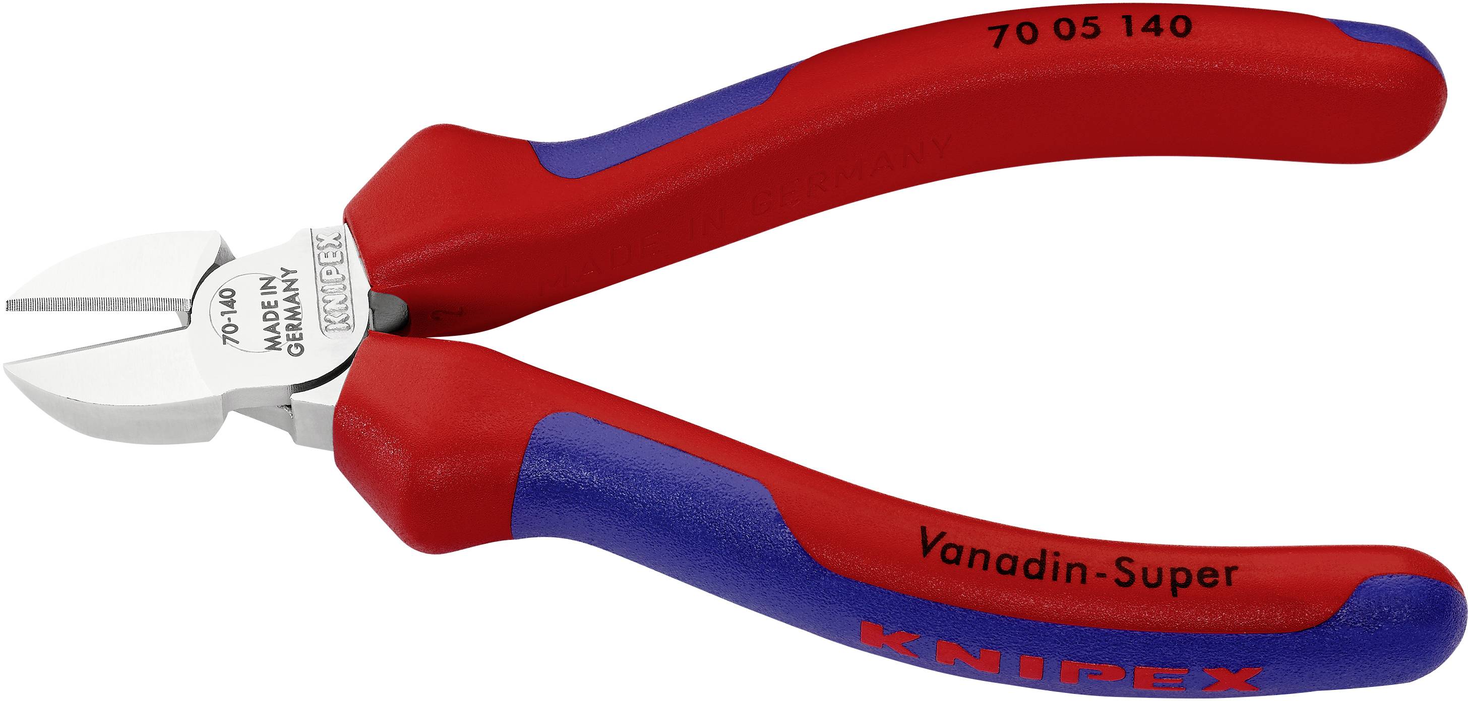 Červené a modré bočné štiepacie kliešte s nápisom 'Knipex', '70 05 140', vhodné na presné strihanie drôtov.
