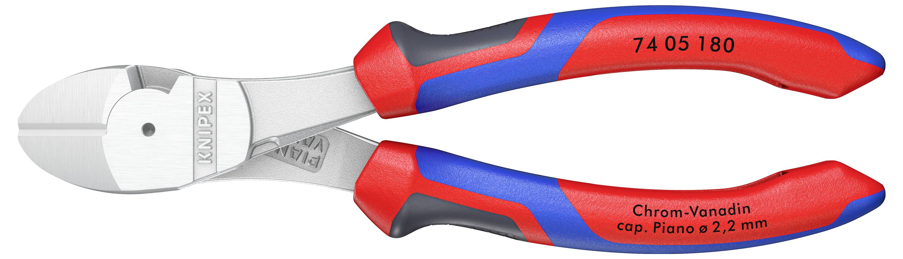 Bočné štiepacie kliešte s červeným a modrým úchopom, označené ako 'Chróm-vanádový cap. Piano ø 2,2 mm', vyrobené spoločnosťou Knipex.