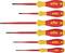 Šesť skrutkovačov s červenými a žltými rúčkami, s rôzne veľkými čepeľami, usporiadaných v jednej línii.