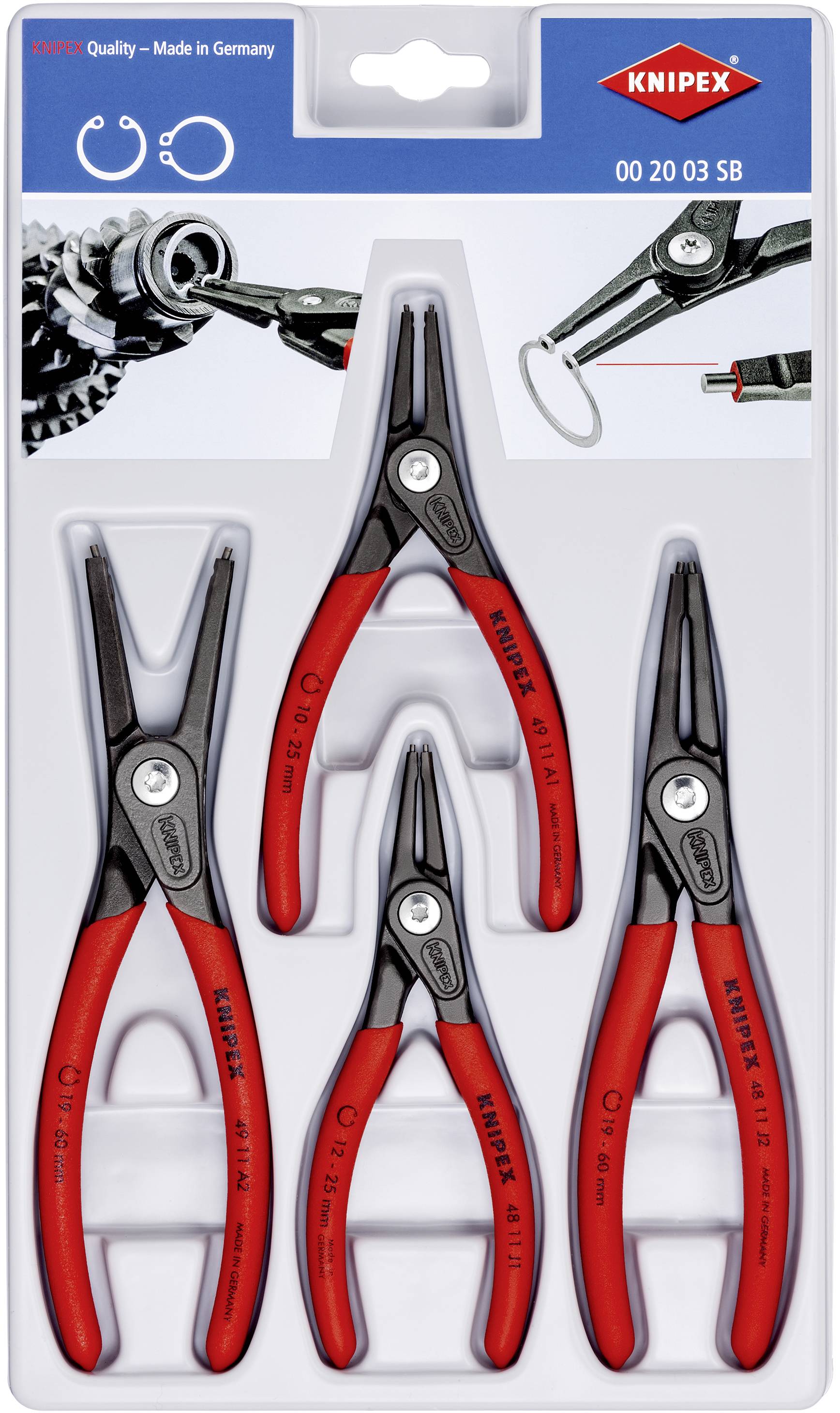 Sada štyroch KNIPEX klieští na poistné krúžky, s červenou rukoväťou v blistrovom balení, vhodná na bezpečné uchopenie a rezanie materiálov.