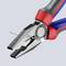 Kombinované kliešte držia klinec medzi čeľsťami. Kliešte sú modré a červené. Majú strieborný otočný bod.