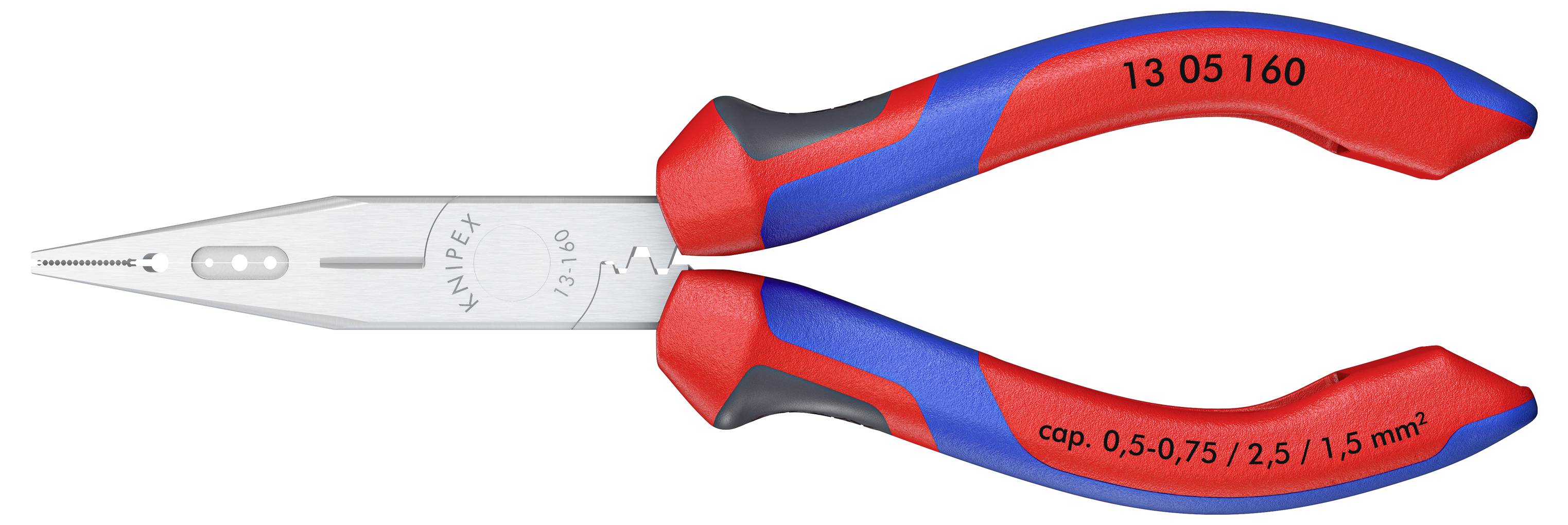 Červené a modré špicaté kliešte Knipex s nápisom '13 05 160'. Vhodné pre drôty s prierezom 0,5 až 2,5 mm².