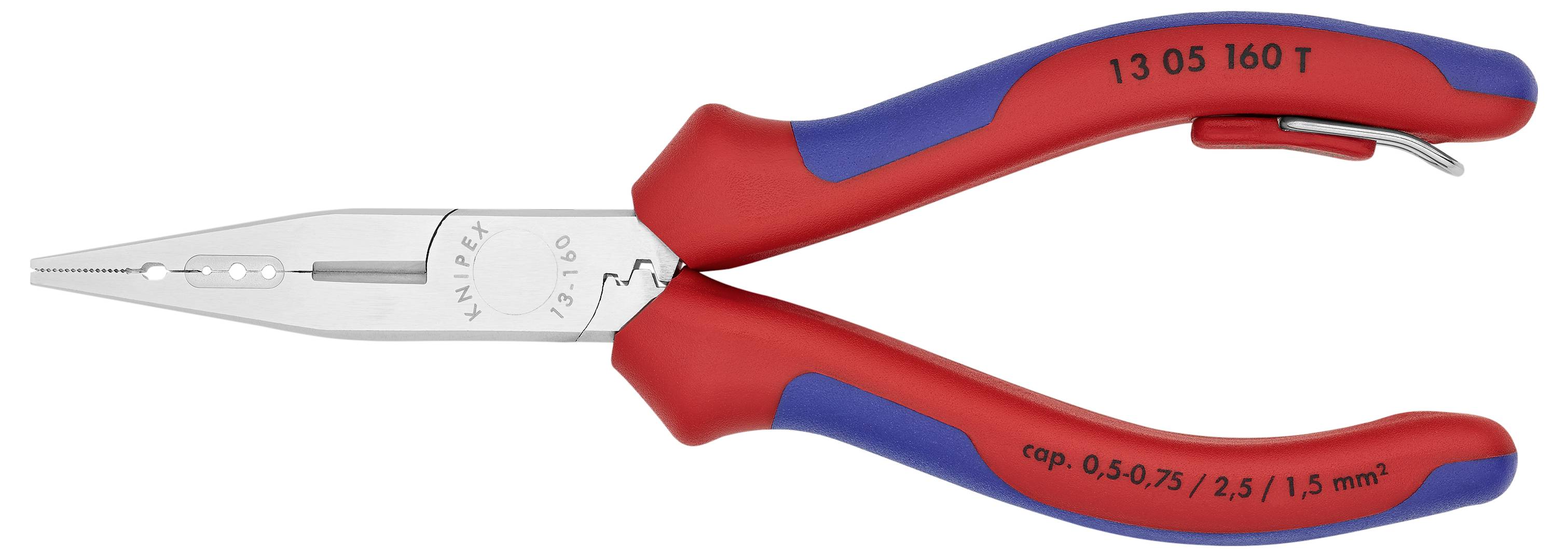Červené a modré štípacie kliešte s ergonomickou rukoväťou. Nástroj na uchopenie a strihanie, elektrická ochrana, viditeľný firemný názov.