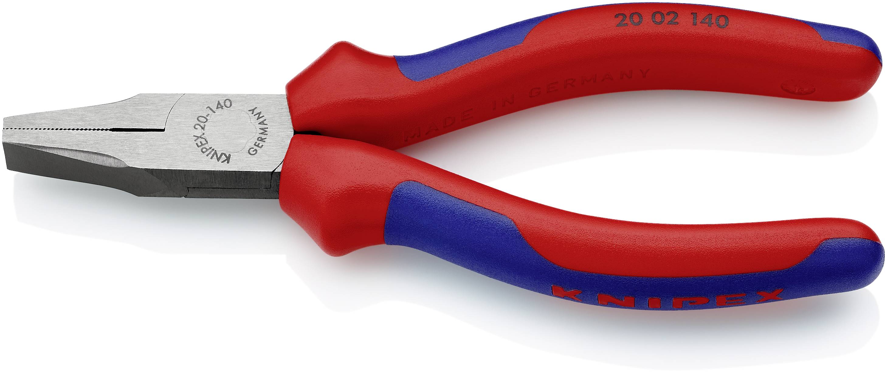 Červené a modré kombinované kliešte Knipex, model č. 20 02 140. Majú široké čeľuste a sú všestranne použiteľné pre rôzne aplikácie.