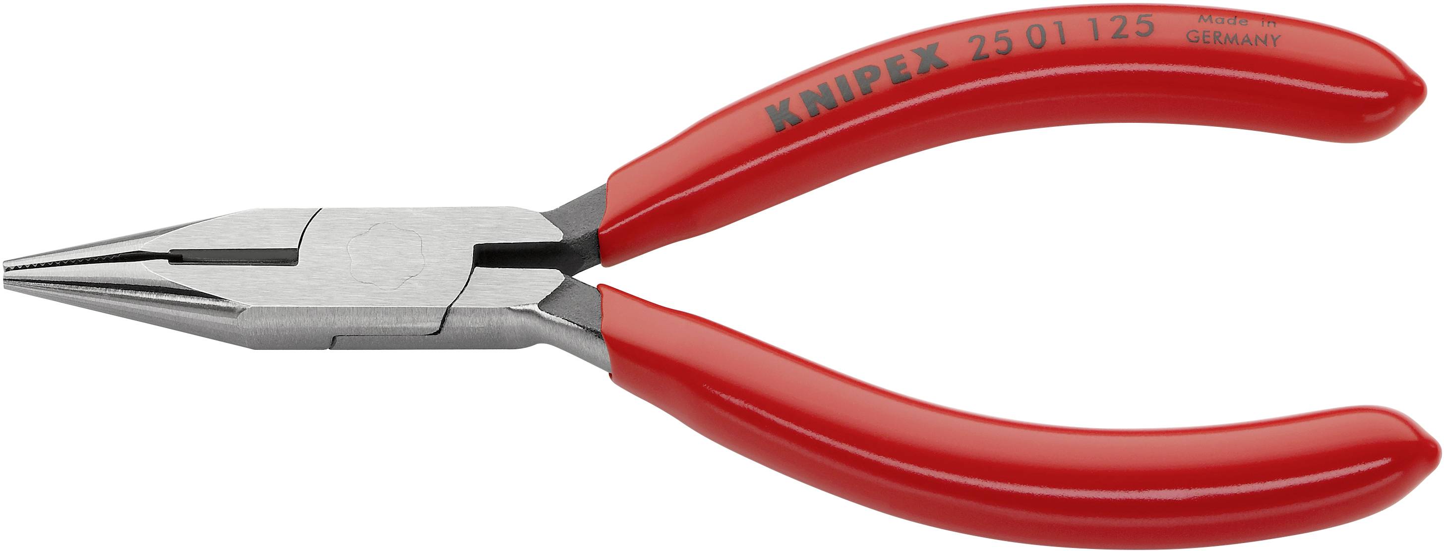 Kliešte s červeným držadlom, vhodné pre presné práce. Text na obale: 'KNIPEX 25 01 125' a 'Vyrobené v Nemecku'.
