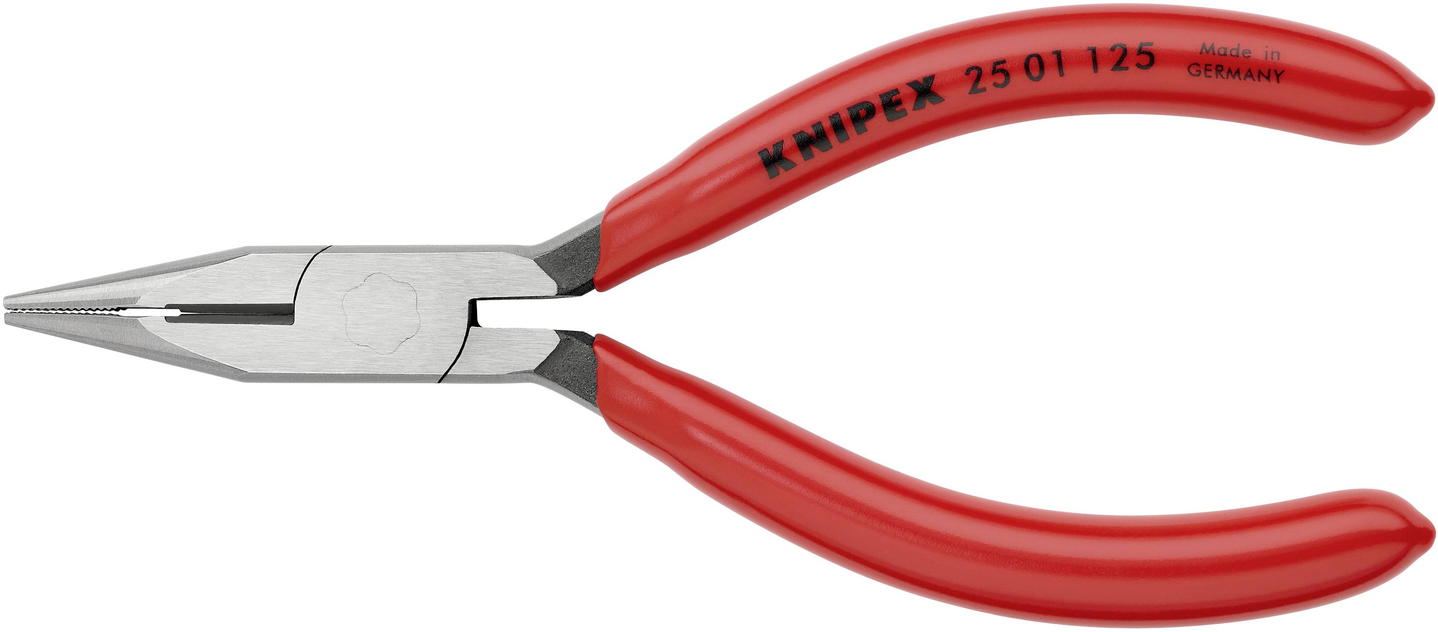 Červené elektronické kliešte s dlhou, štíhlou hlavou, vhodné pre presné práce. Nápis 'KNIPEX 25 01 125 Made in Germany'.