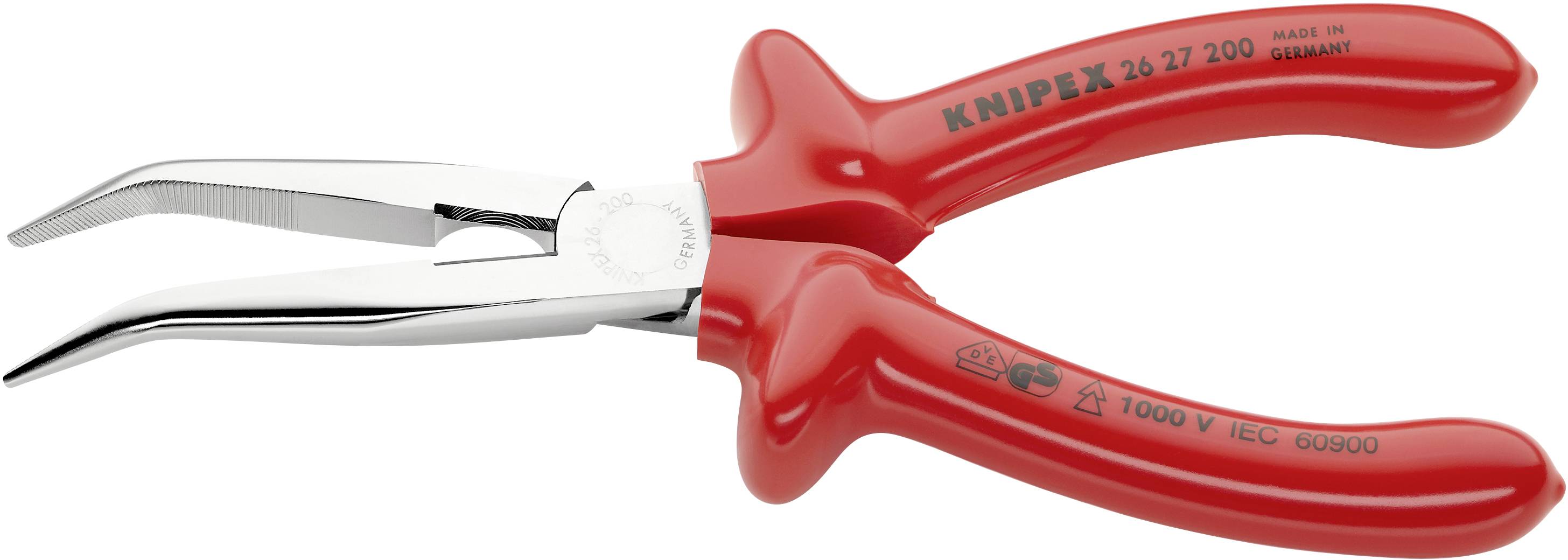 Bežná VDE bezpečnostná svorka s ohnutými čeľasťami, vhodná pre práce pod napätím do 1000 V. Označenie 'Knipex 26 27 200'.