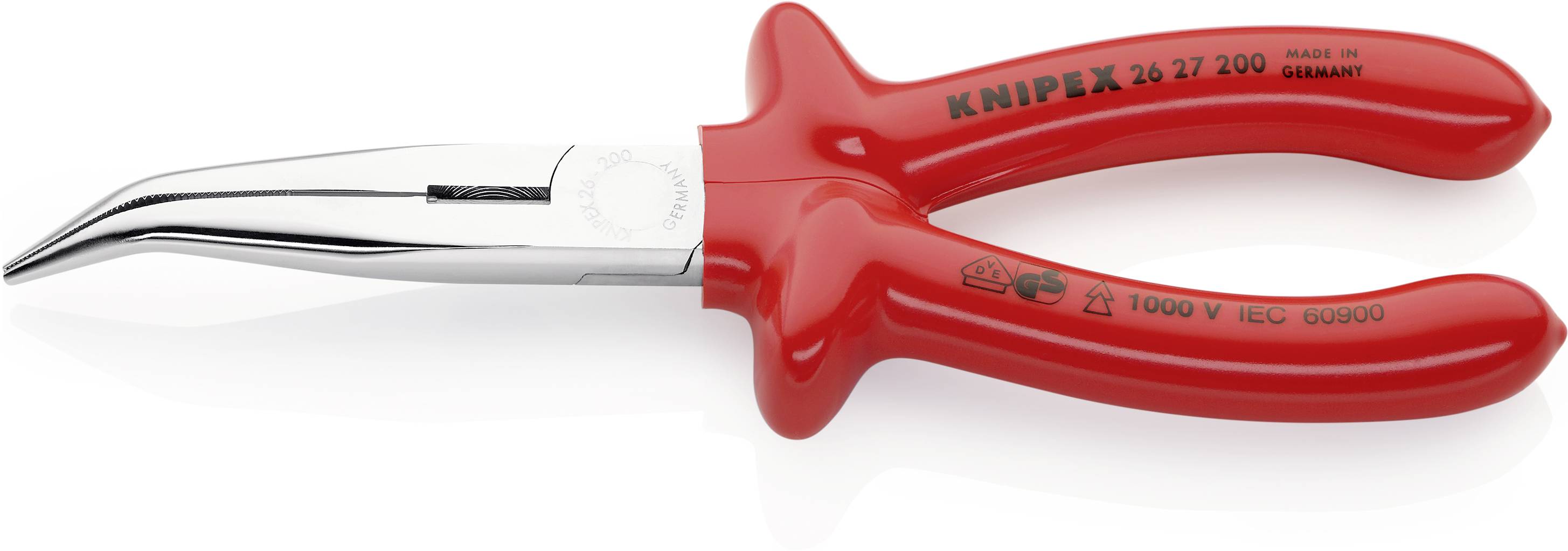 Rovné, zakrivené ploché kombinované kliešte s kovovým hrotom, nástroj na presné uchopenie a ohýbanie, s nápisom 'Knipex'.