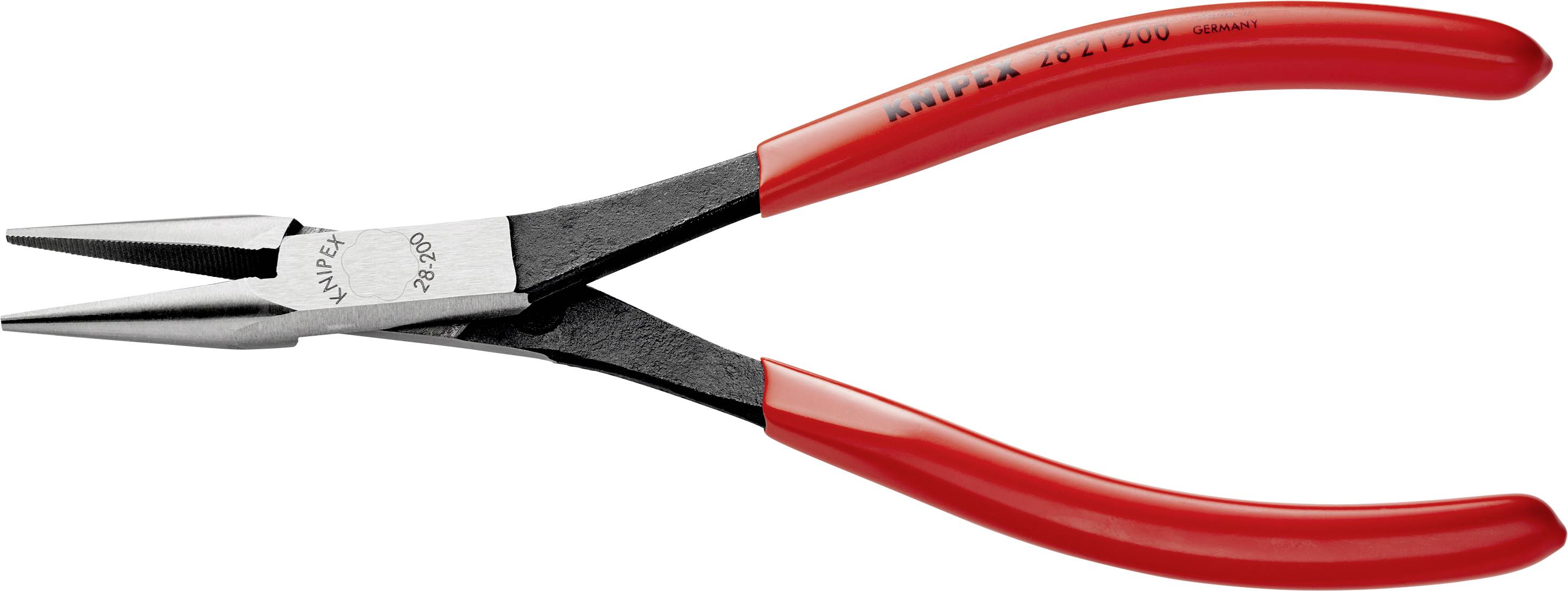 Okruhle špicaté kliešte s červenými rukoväťami, vhodné na uchopenie a ohýbanie drôtov. Hlavný nástroj pre jemnomechanické práce.
