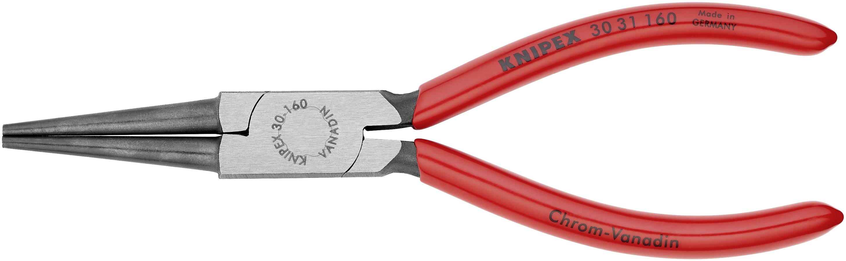 Červené špicaté kliešte z chróm-vanádiové ocele s izolovanými rukoväťami. Viditeľné sú označenia 'Knipex' a 'Made in Germany'.