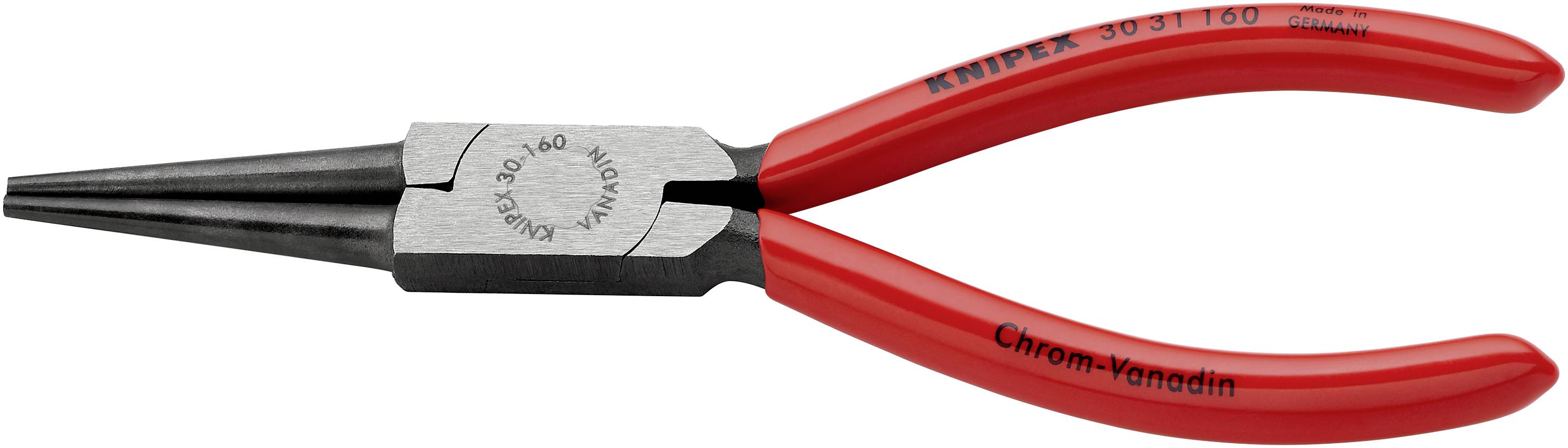 Červené okrúhle kliešte s čiernou rukoväťou, označené nápisom 'Knipex' a 'Chróm-Vanád', vhodné nauchopenie a ohýbanie drôtu.
