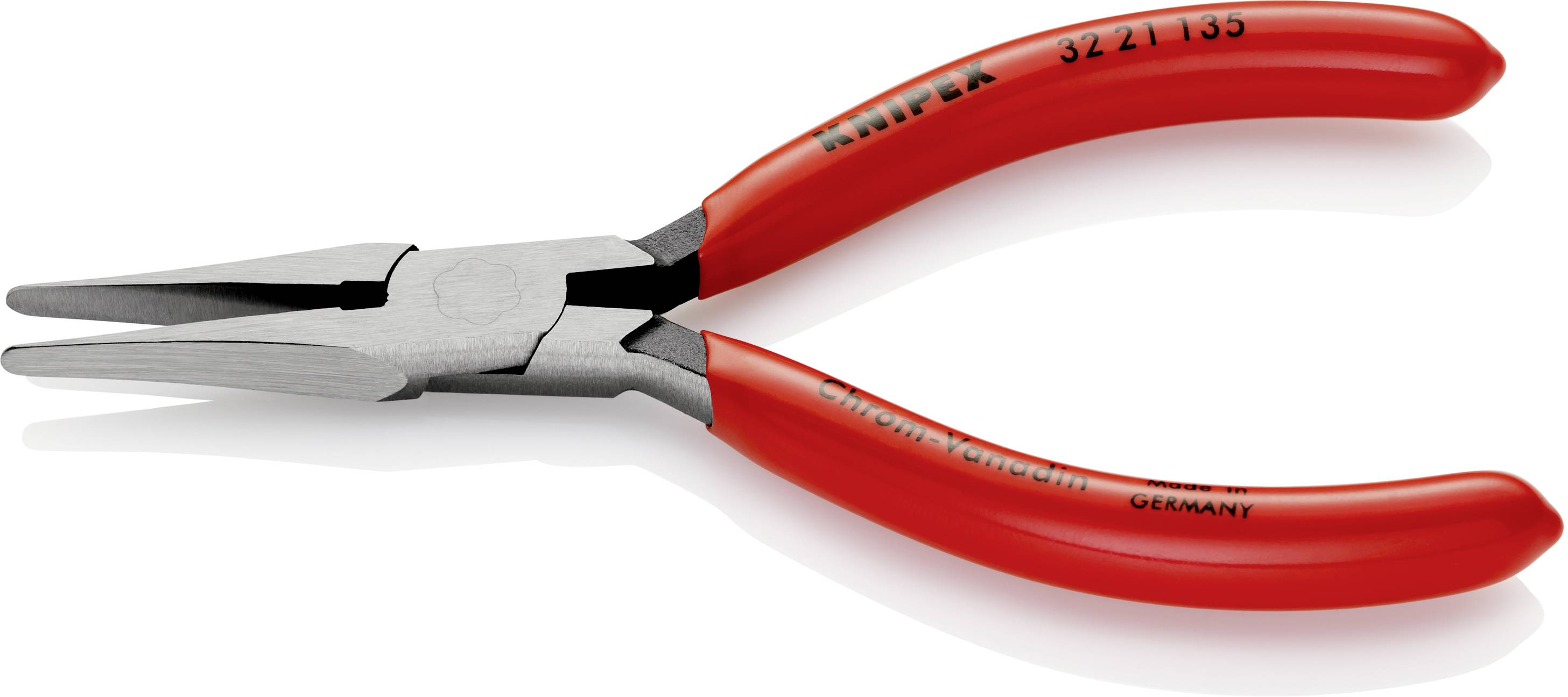 Červené ploché kliešte s protišmykovým úchopom, vyrobené spoločnosťou 'KNIPEX'. Vhodné pre práce v jemnej mechanike alebo elektronike.