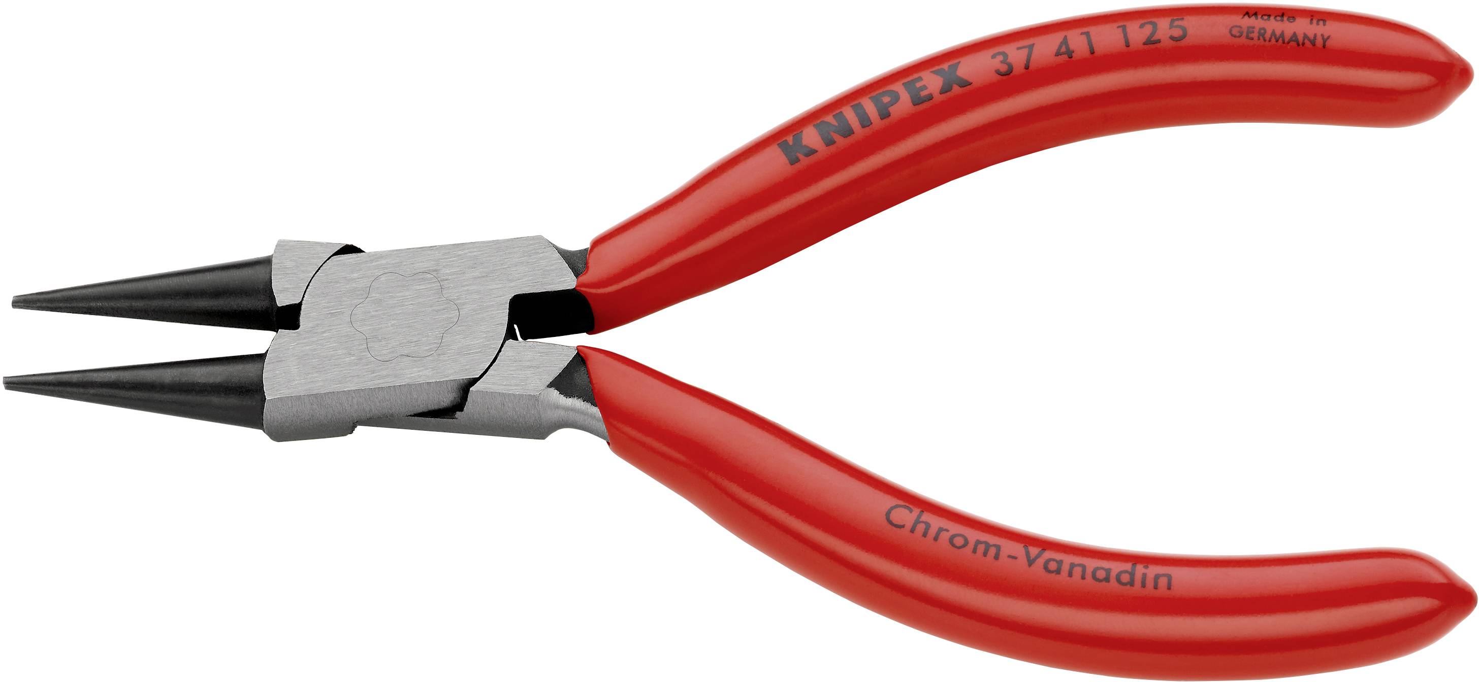 Červené Knipex kliešte s špicatými hrotmi s rukoväťami z chróm-vanádiového materiálu, model č. 37 41 125.