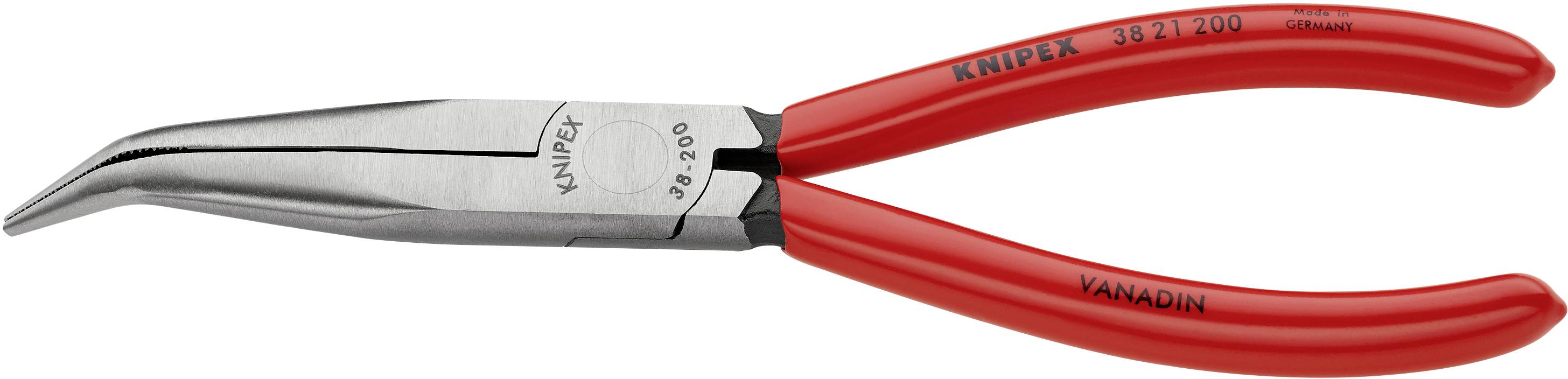 Červené ploché kliešte s zahnutými hrotmi, vhodné na uchopenie, pridržanie a strihanie drôtov a iných materiálov.
