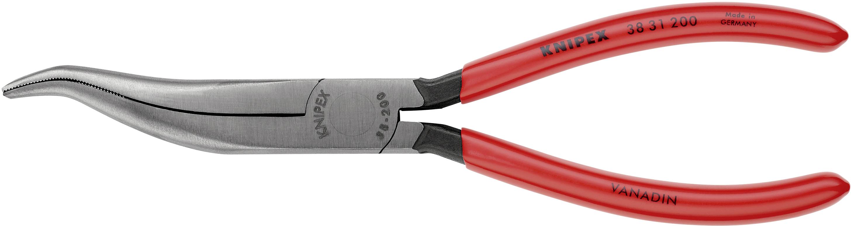 Na obrázku je zakrivené červené štikacie kliešte s nápisom 'Knipex' na rukoväti.