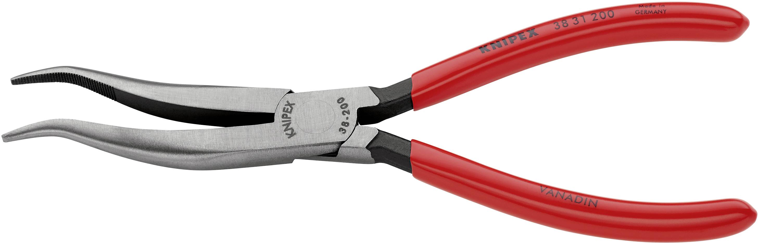 Červené kliešte Knipex so zahnutými čeľsťami, vhodné pre presné práce. Vyrobené z chróm-vanádiovej ocele.