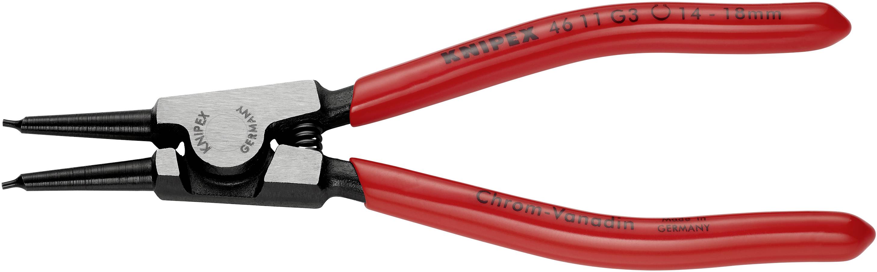 Červené kliešte na poistné krúžky s mierne zahnutými rukoväťami. Vhodné pre vnútorné krúžky s priemerom 3-10 mm. Výrobca: 'Knipex'.