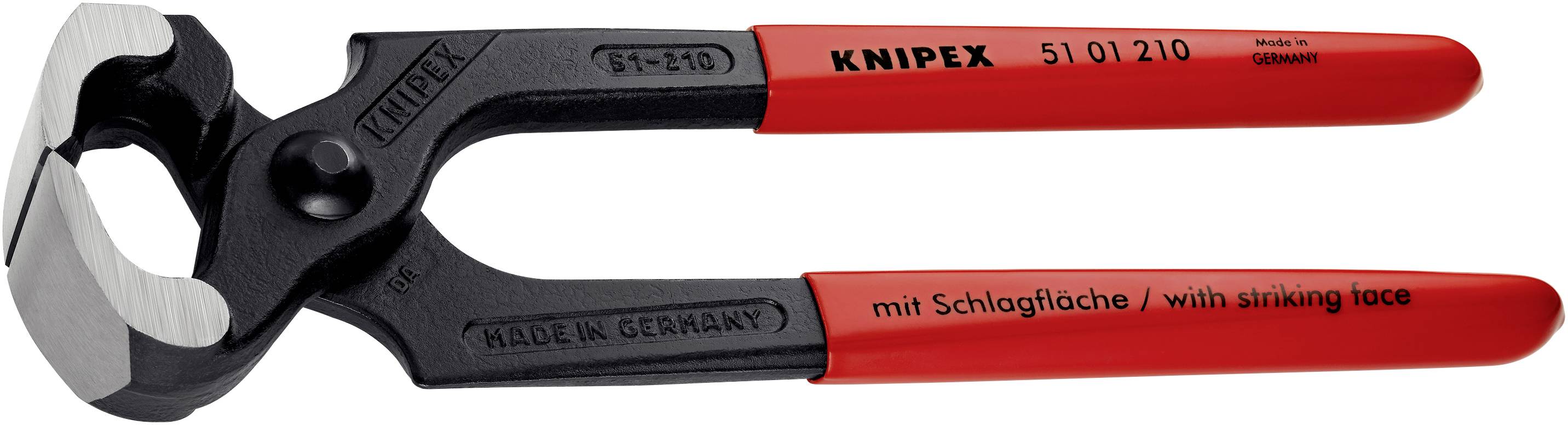 Obrázok zobrazuje štiepacie kliešte Knipex s červenými rúčkami, vhodné na strihanie drôtov. Na povrchu je vytlačený nápis „Made in Germany".