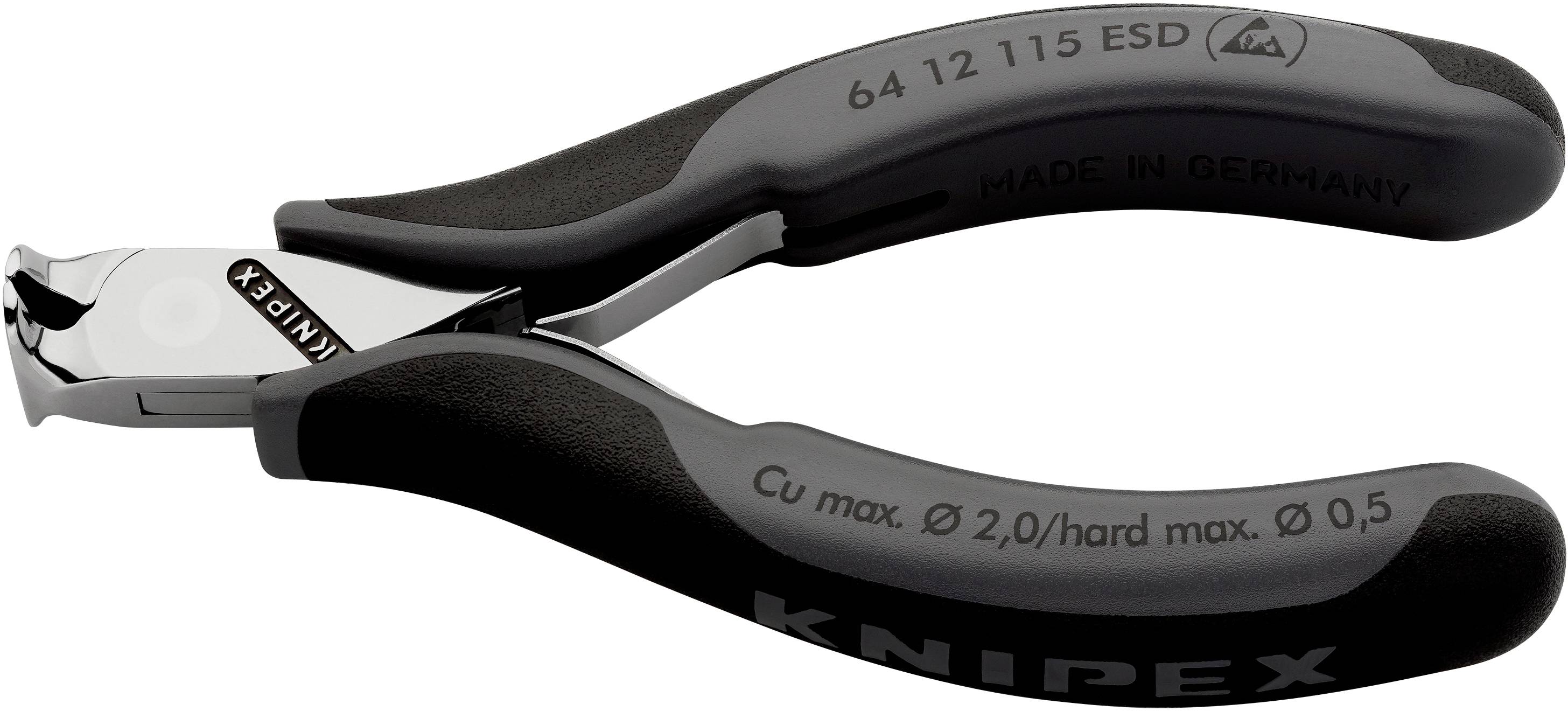 Čierne bočné štiepacie kliešte Knipex s ESD rukoväťami, vhodné pre medený drôt do 2,0 mm a tvrdý drôt do priemeru 0,5 mm.