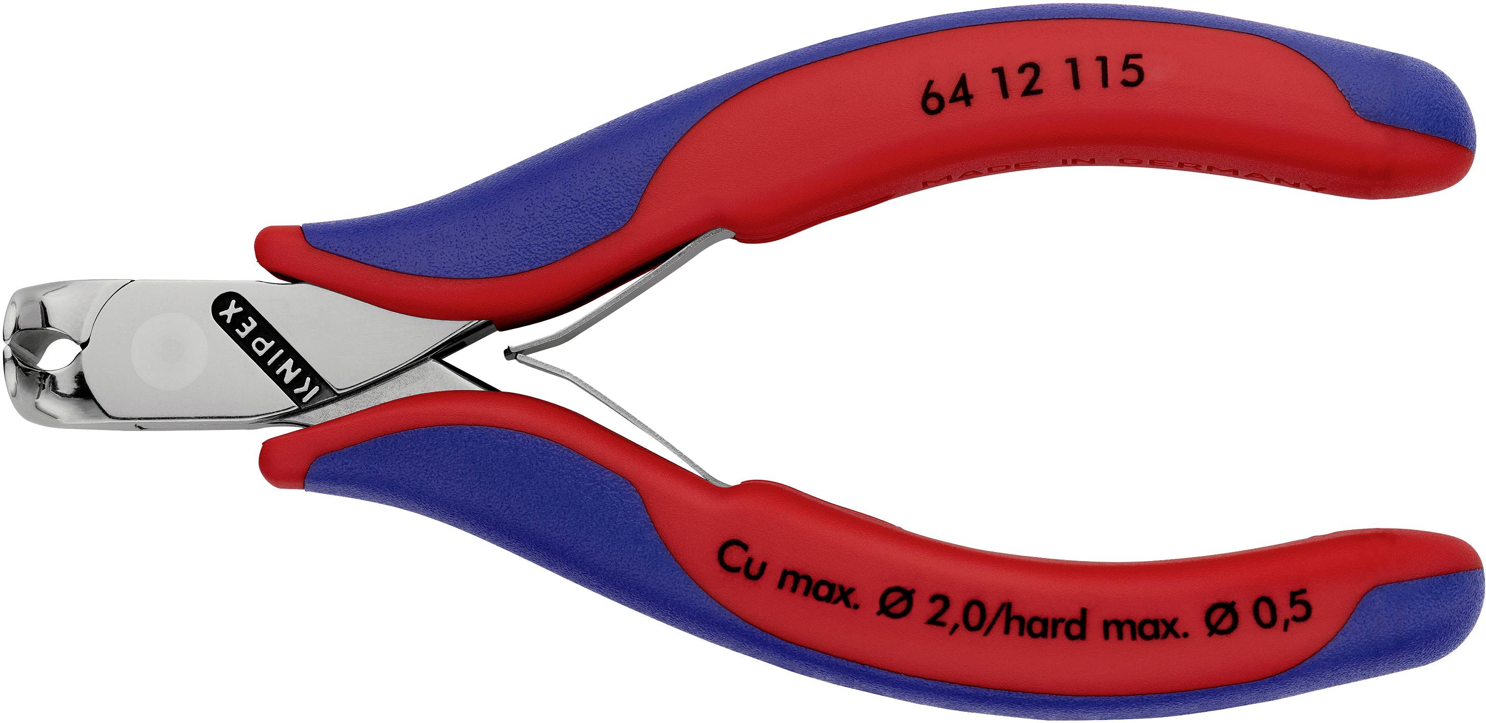 Červené a modré kombinované kliešte so štítkom 'Cu max. Ø 2,0/hard max. Ø 0,5', modelové číslo '64 12 115'.