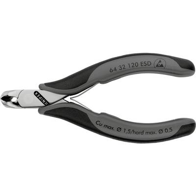 Bočné štiepacie kliešte s čiernymi rúčkami, označené ako 'Knipex 64 32 120 ESD'. Vhodné pre medené drôty do priemeru 1,5 mm.