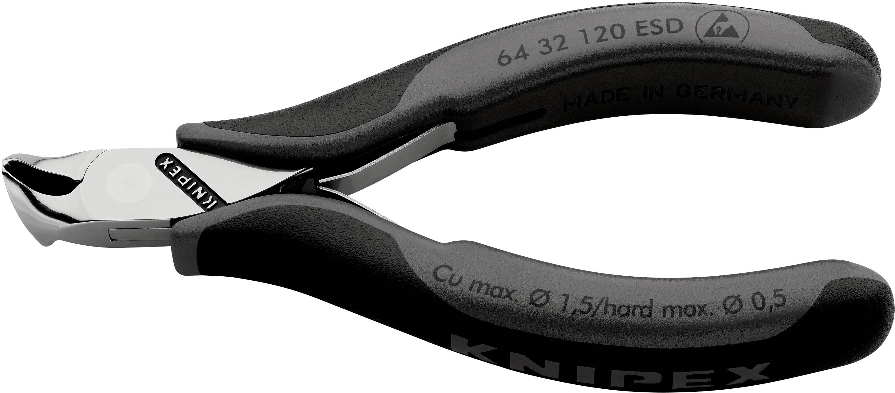 Bočné štiepacie kliešte značky Knipex, čierno-šedej farby, s nápisom 'Made in Germany'. Vhodné na strihanie drôtov do priemeru 1,5 mm.