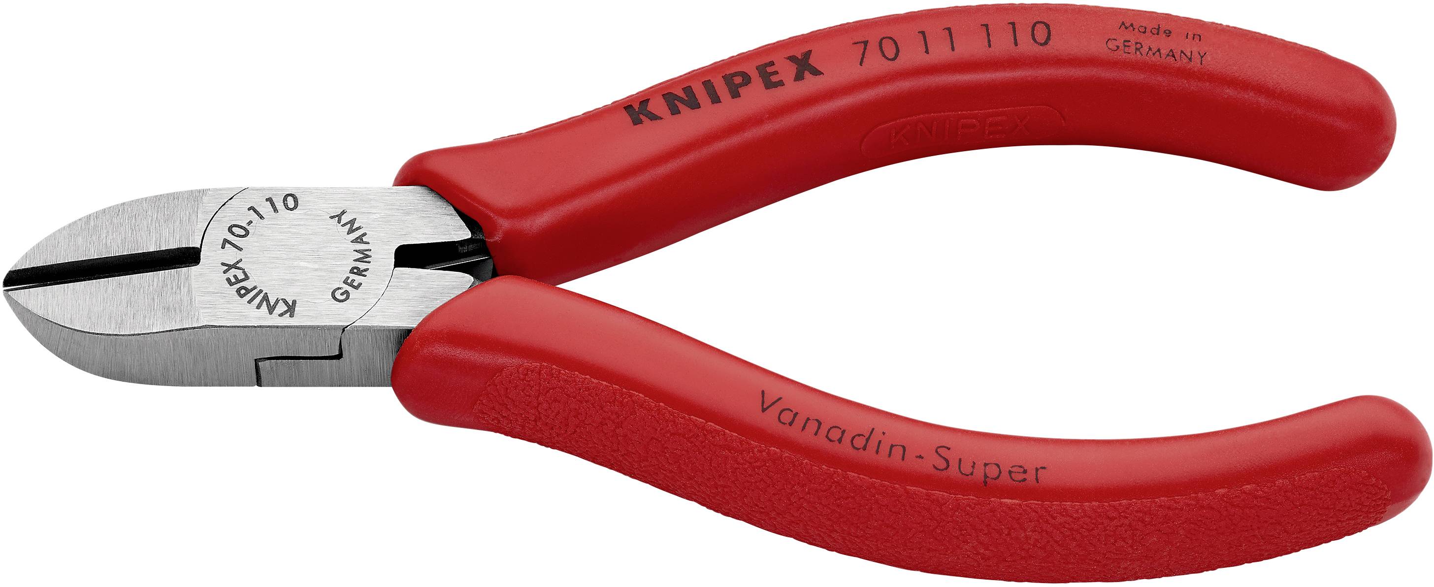 'KNIPEX' bočné štiepacie kliešte s červenou rukoväťou, nápis 'Made in Germany', modelové číslo '70 11 110'. Používané na strihanie drôtov.