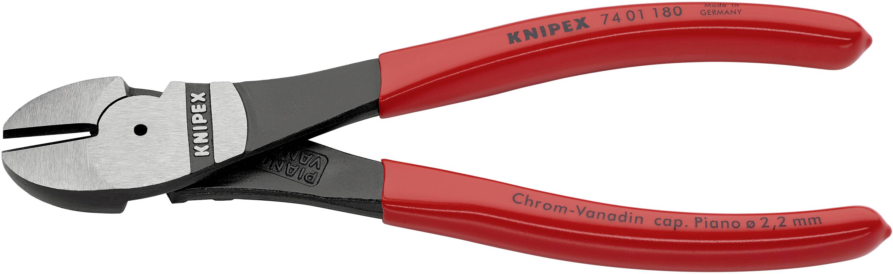 Knipex štiepacie kliešte s červenými rukoväťami a čiernou rezacou hlavou, vhodné na strihanie tenkých drôtov do priemeru 2 mm.