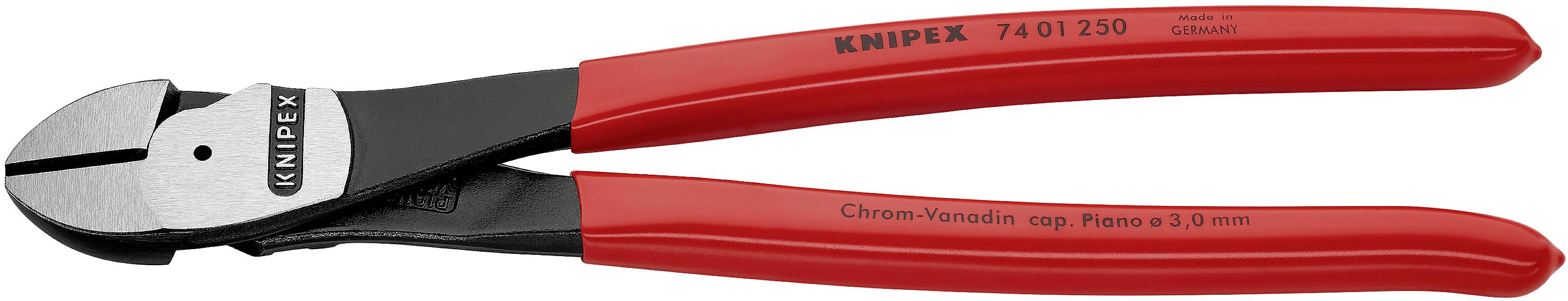 Červené kombinované kliešte Knipex z chróm-vanádiové ocele s čiernou rezacou hlavou, model č. 74 01 250.