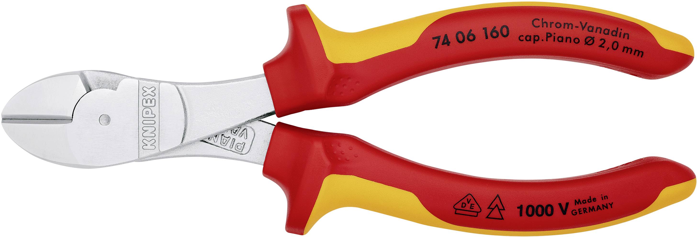 Štiepacie kliešte s červenými a žltými rukoväťami, s nápisom 'Knipex'. Vhodné pre drôt do 2,0 mm, vyrobené v Nemecku.