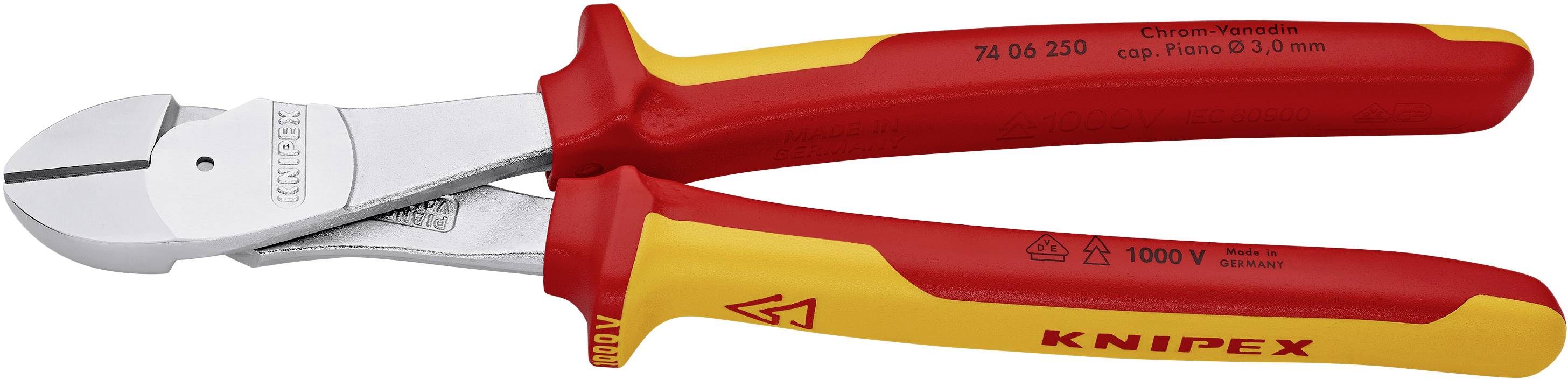 Červený a žltý kliešťový kábový rezač Knipex do 1000 voltov. Špeciálne navrhnutý pre elektrotechnické práce.