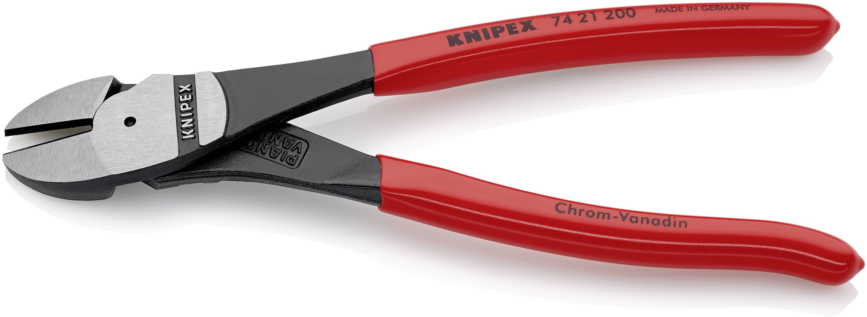 Na obrázku je červené bočné štiepacie kliešte značky Knipex, model číslo 74 21 200, vyrobené z chróm-vanádiového materiálu, "Made in Germany".
