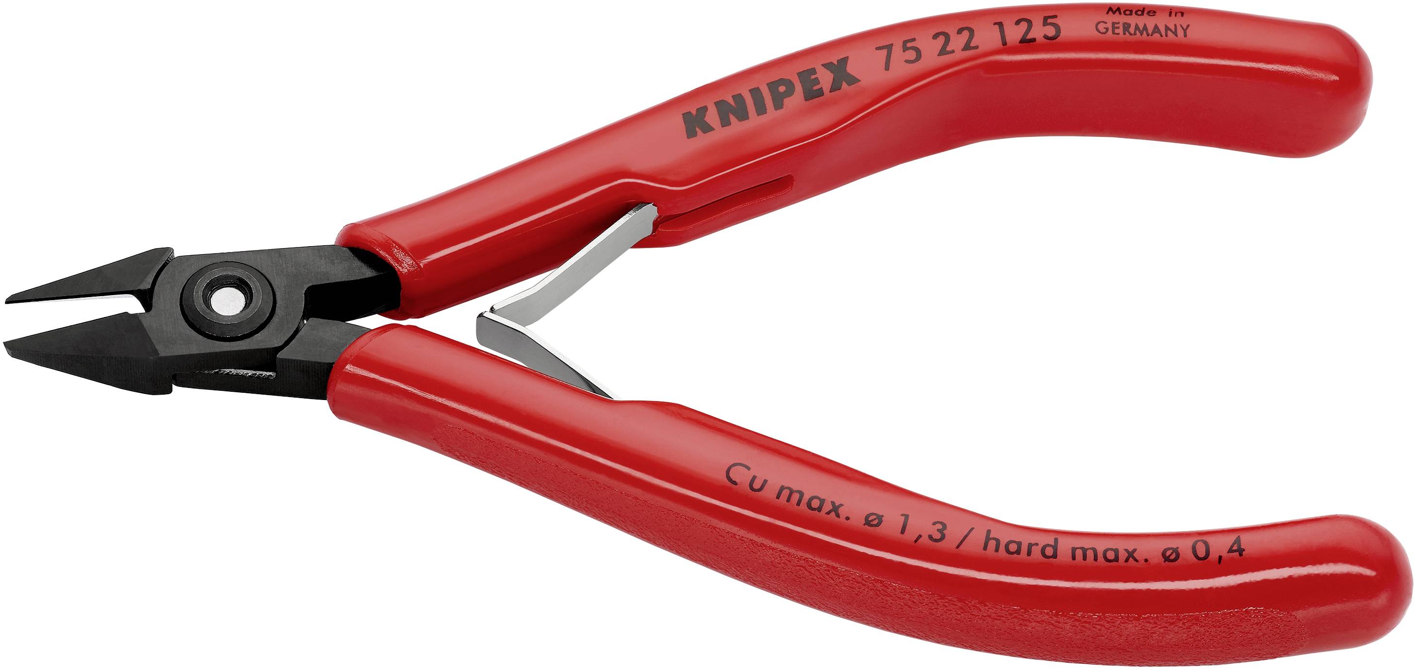 Červené bočné štiepacie kliešte Knipex, model 75 22 125, vhodné pre Cu s priemerom do 1,3 mm a tvrdý materiál do 0,4 mm. Vyrobené v Nemecku.
