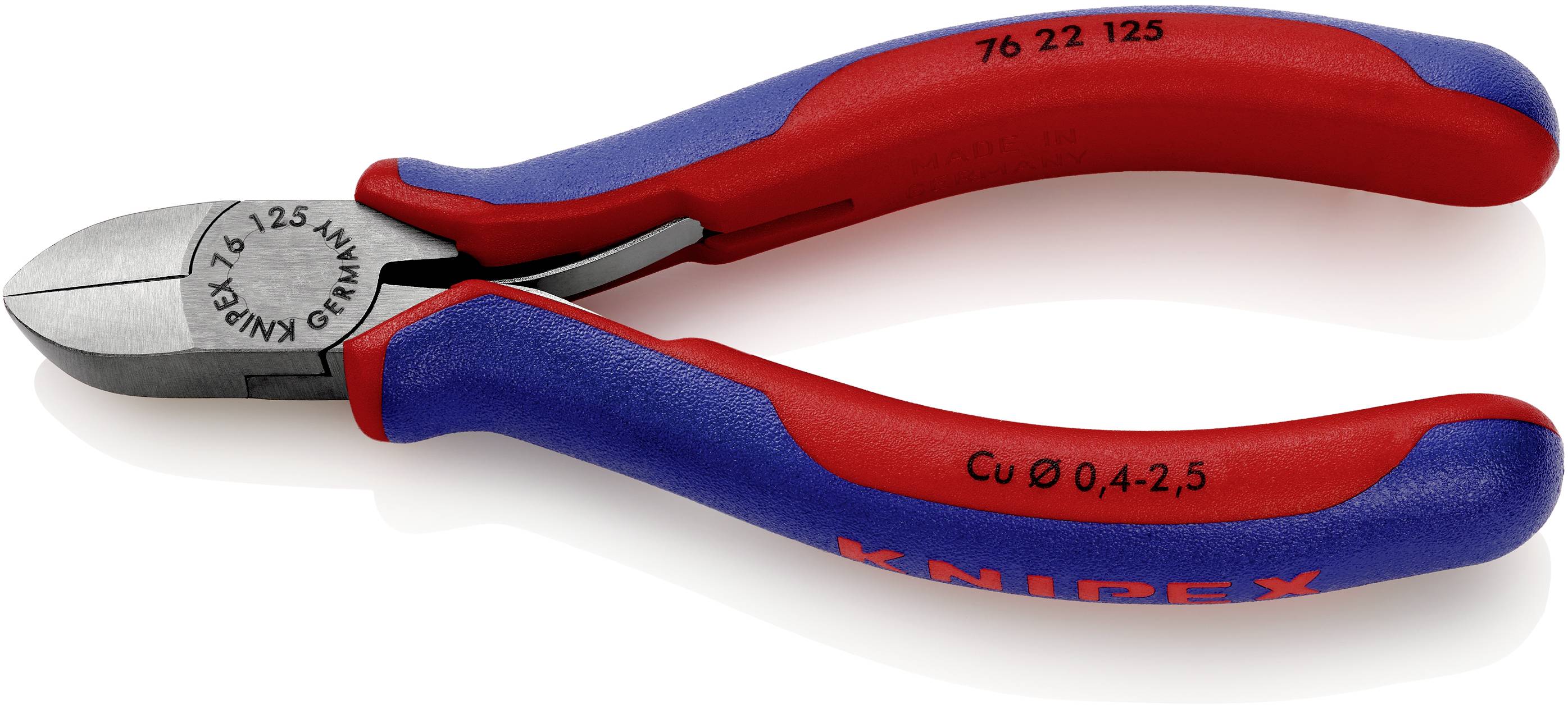 Kliešte značky Knipex s červenými a modrými rúčkami. Na kliešťach sú vyznačené rozmerové údaje '76 22 125' a 'Cu Ø 0,4-2,5'.
