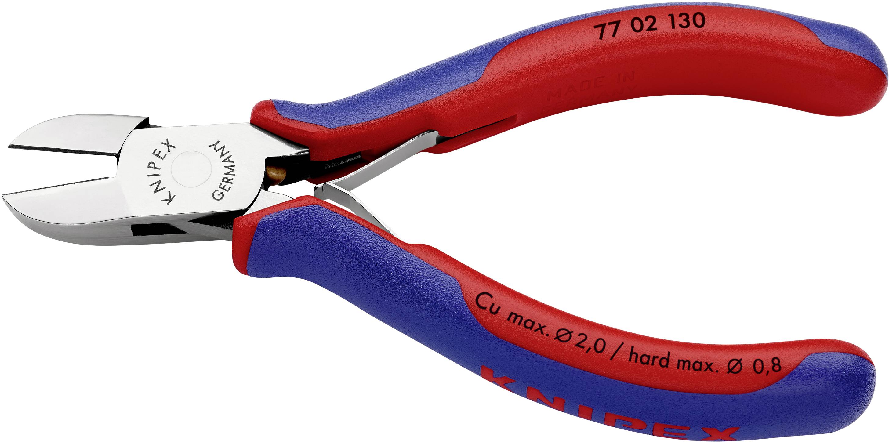Červené a modré kliešte Knipex s nápisom "Cu max. Ø2,0 / hard max. Ø0,8", používané na strihanie drôtov.