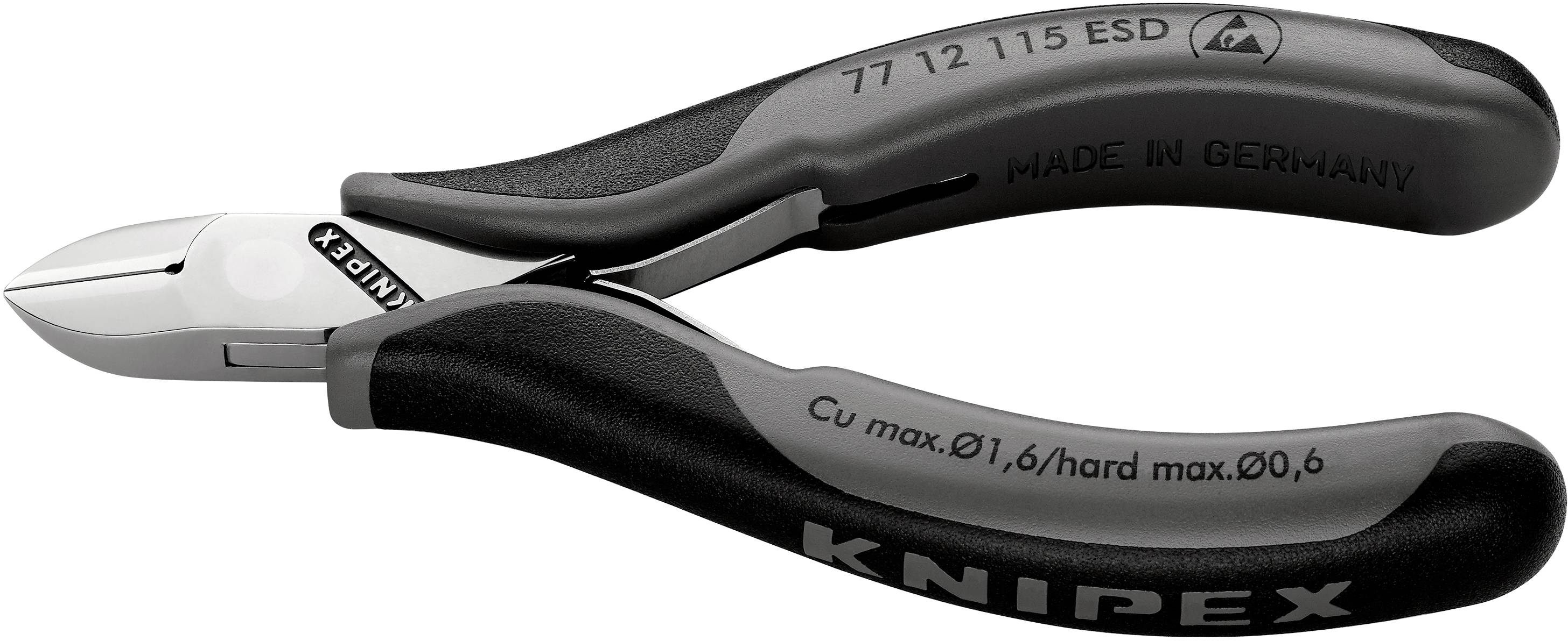 Bočné štiepacie kliešte Knipex s čiernou rukoväťou, nápis 'MADE IN GERMANY', vhodné pre medený a tvrdý drôt, model 77 12 115 ESD.