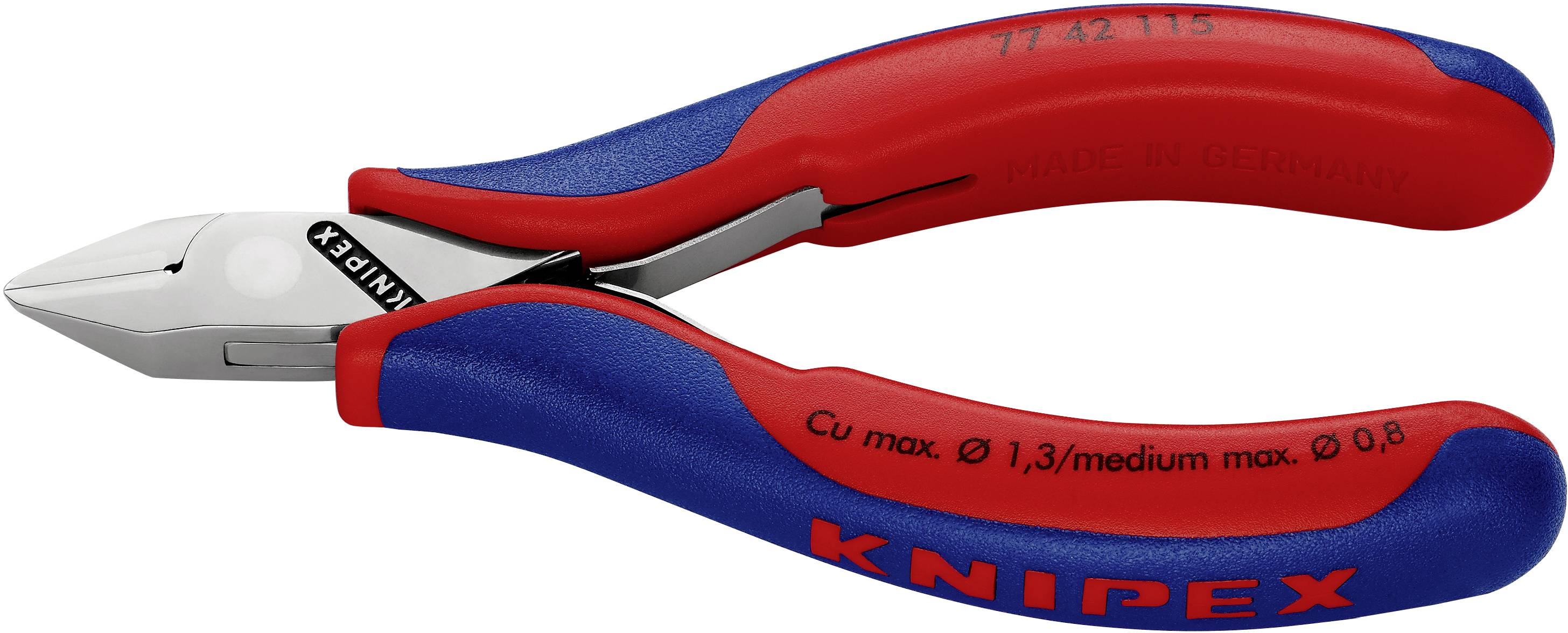 Bočné štiepacie kliešte s modro-červenou rukoväťou. Označenie: 'KNIPEX'. Kapacita strihu pre medený drôt do 1,3 mm.