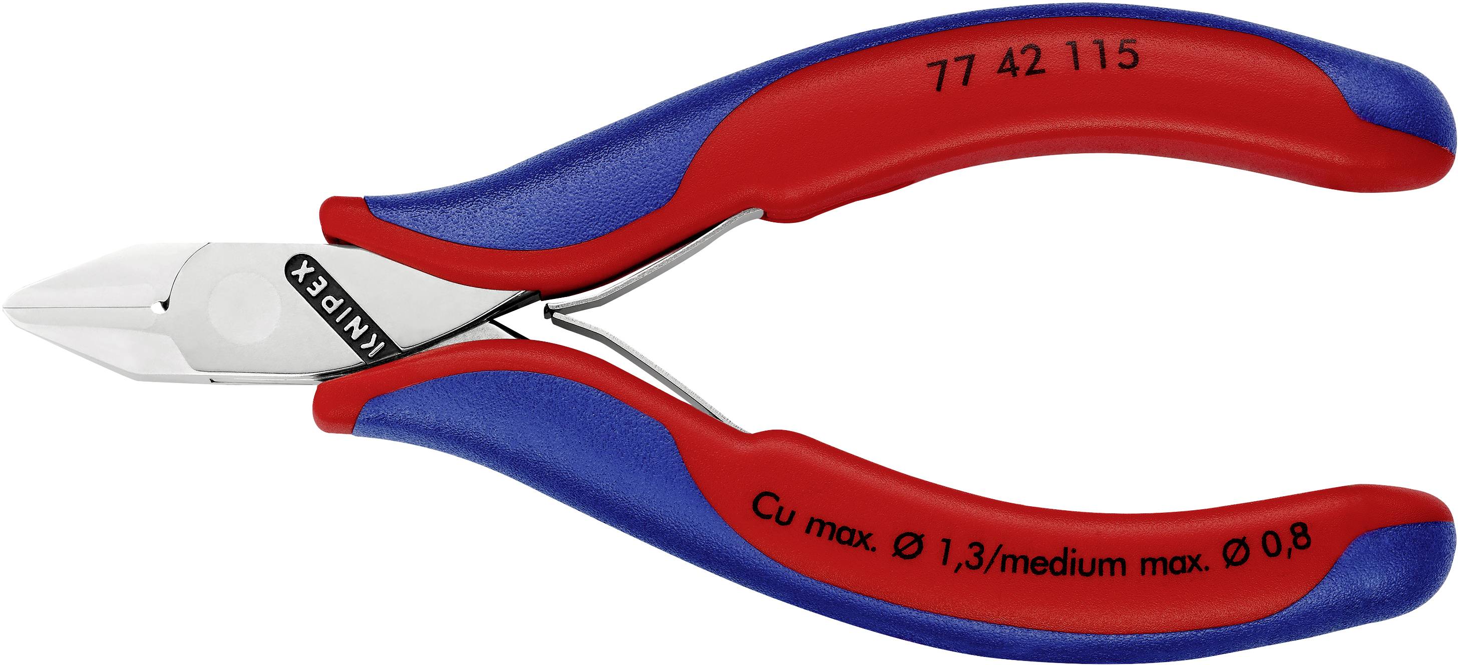 Červeno-modrý bočný štiepacie kliešte s nápisom 'Knipex' a technickými špecifikáciami na rukovätiach pre presné strihanie.