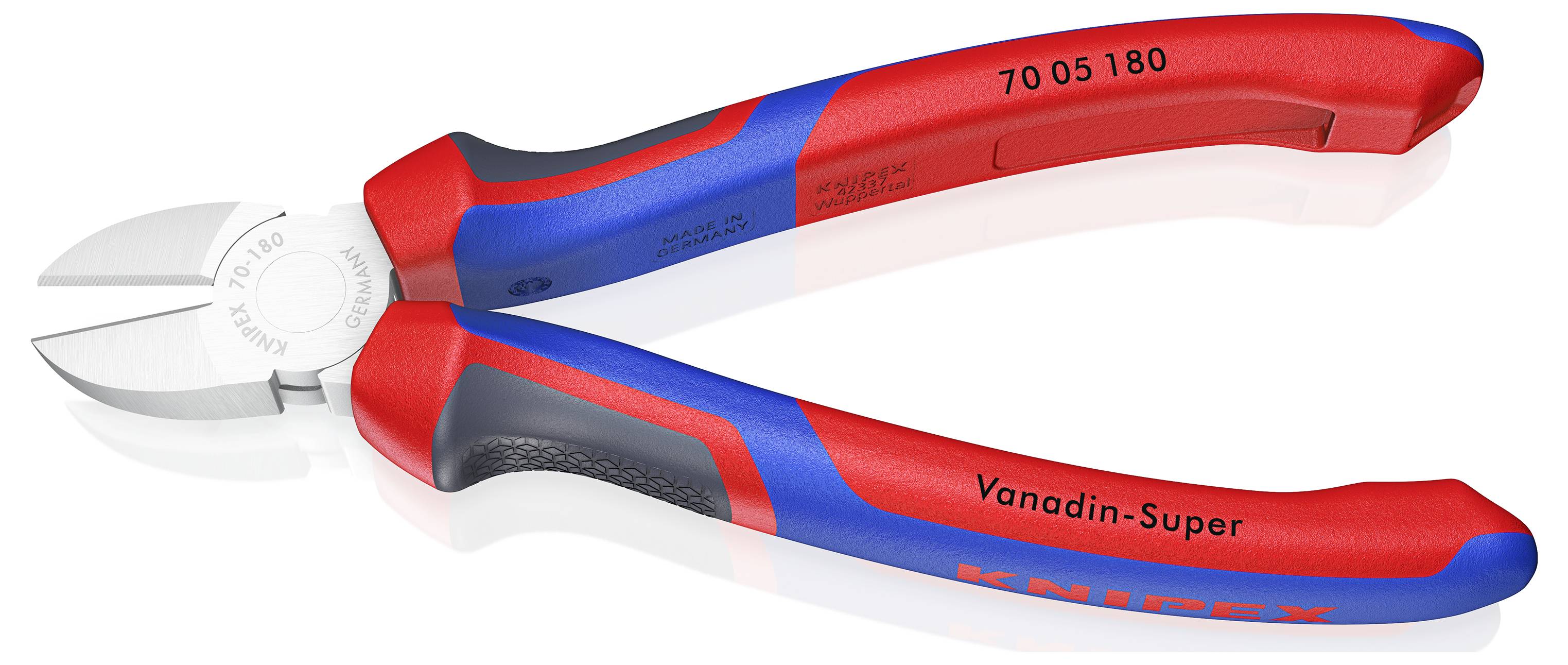 Červené a modré bočné štiepacie kliešte z kovu s nápisom 'KNIPEX' a 'Vanadin-Super' na rukovätiach. Nástroj na strihanie drôtov.