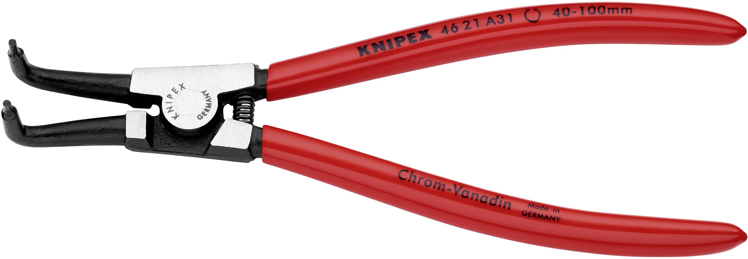 Červené kliešte KNIPEX na poistné krúžky s zahnutými hrotmi, oceľovou rukoväťou a rozmerom 40-100 mm, vhodné pre vonkajšie poistné krúžky.