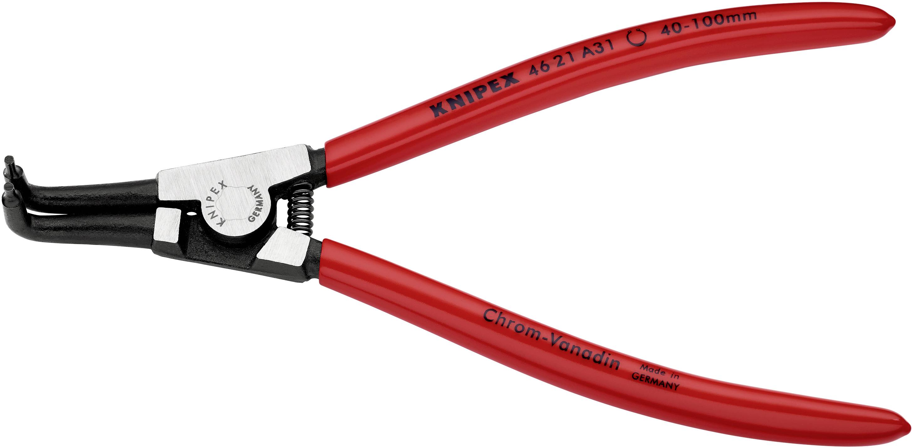 Červené kliešte Knipex s čiernymi čeľsťami, označené štítkom '4621 A31' a '40-100mm', vhodné na montáž poistných krúžkov.