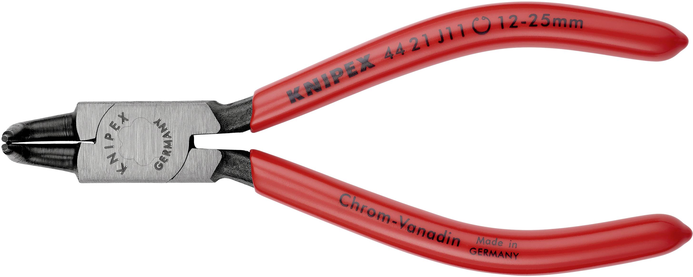 'Kliešte Knipex na krimpovanie s červenými rukoväťami, model 4421J11, pre priemer kábla 12-25 mm, vyrobené z chróm-vanádiovej ocele, vyrobené v Nemecku.'