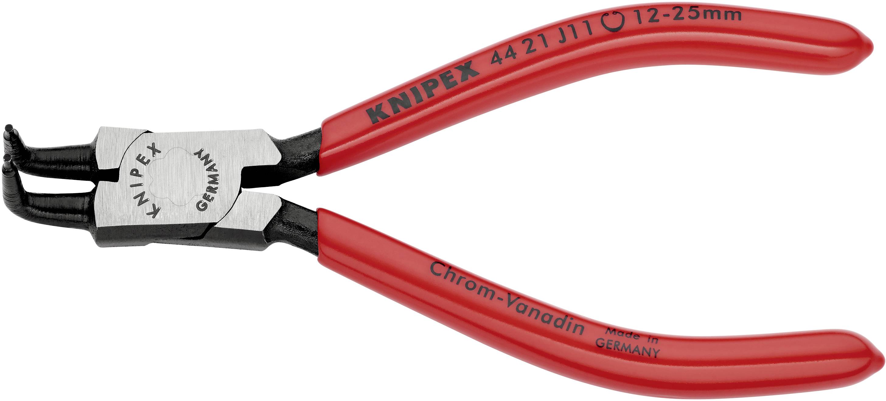 Červené kliešte na poistné krúžky s nápisom 'Knipex Germany', vhodné pre krúžky s priemerom 12–25 mm.