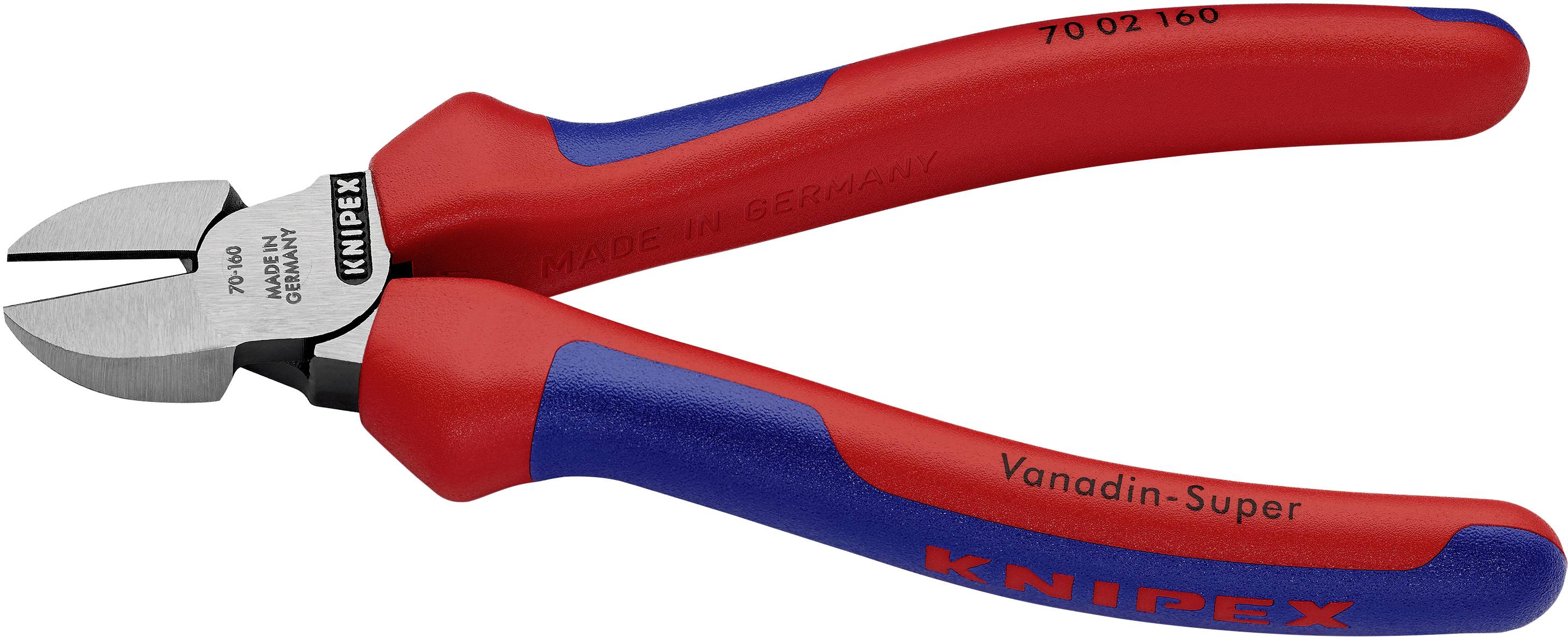 Červené a modré bočné štiepacie kliešte značky Knipex, vyrobené v Nemecku, s nápisom 'Vanadin-Super'.