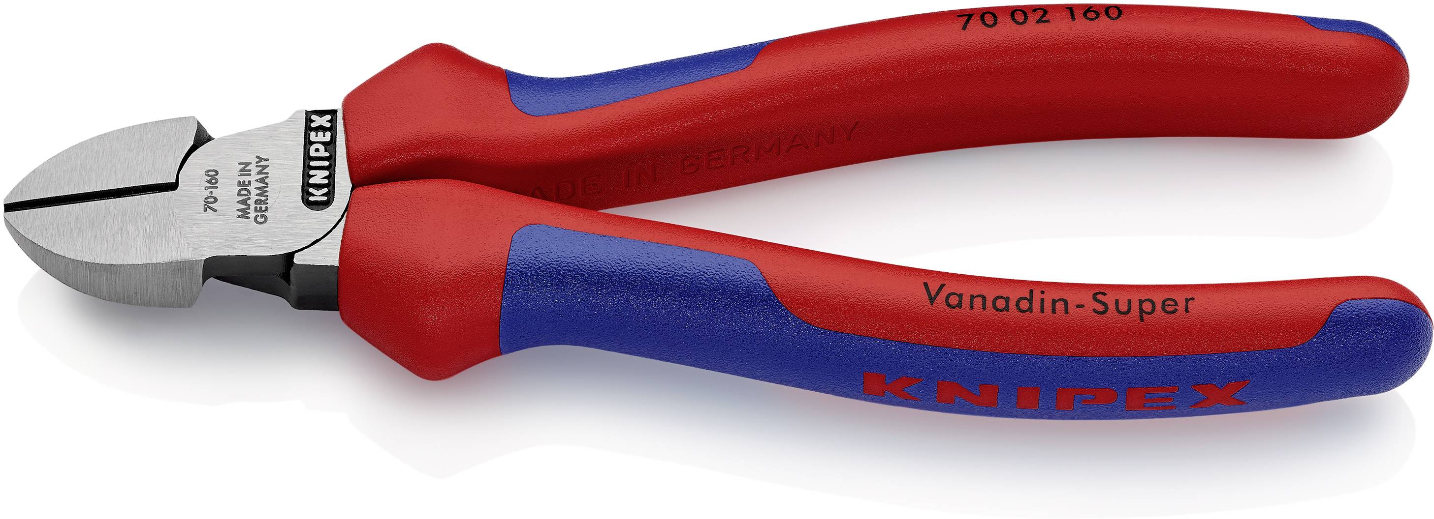 Červeno-modrý bočný štiepacie kliešte značky 'Knipex', vhodné na strihanie drôtov a káblov.